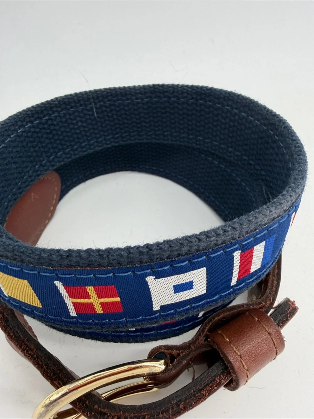 Leather webbing nautical flag preppy belt sz 40